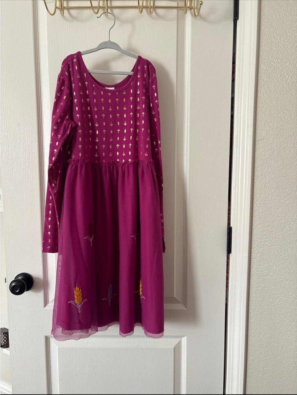 Hanna Andersson frozen Girls' Fuchsia Long-Sleeve Dress with Gold Accents